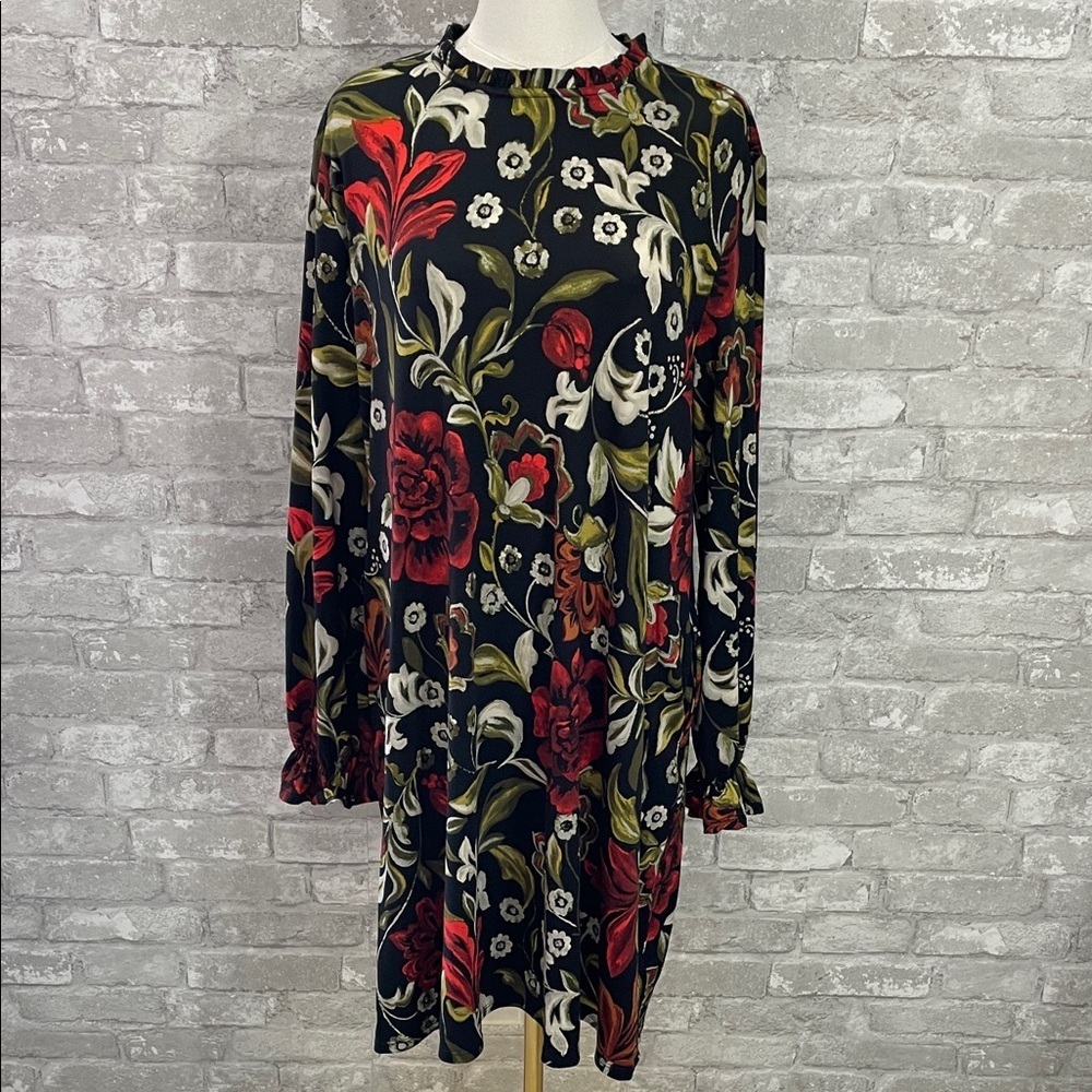 Maurices 24/7 Black and Red Lila Floral Long Sleeve Dress